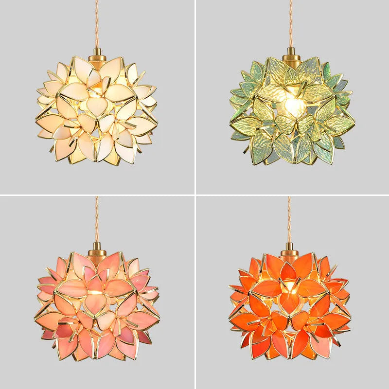 Stained glass hanging chandelier with copper lamp head in one of five colour options