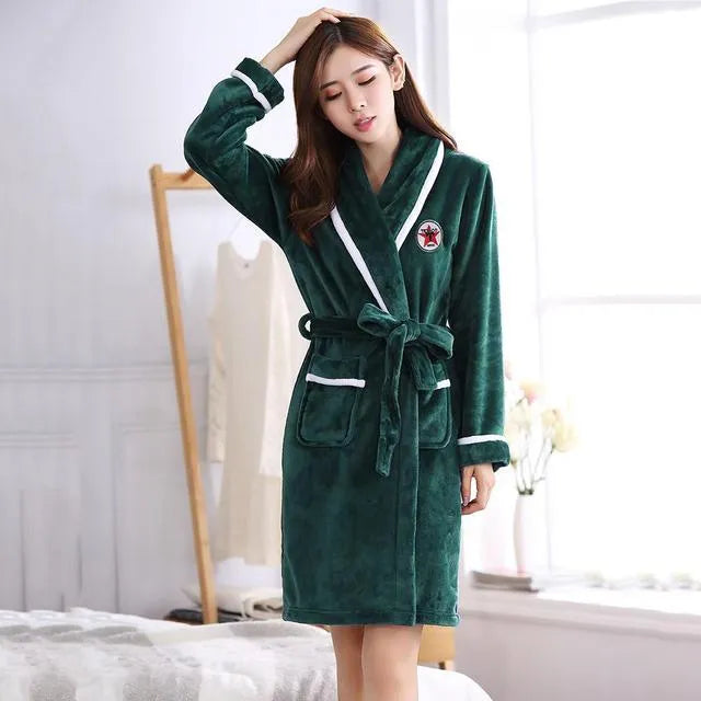 Winter flannelette wool sleep robe gown in solid colour, available for men and women, sizes M to 3XL