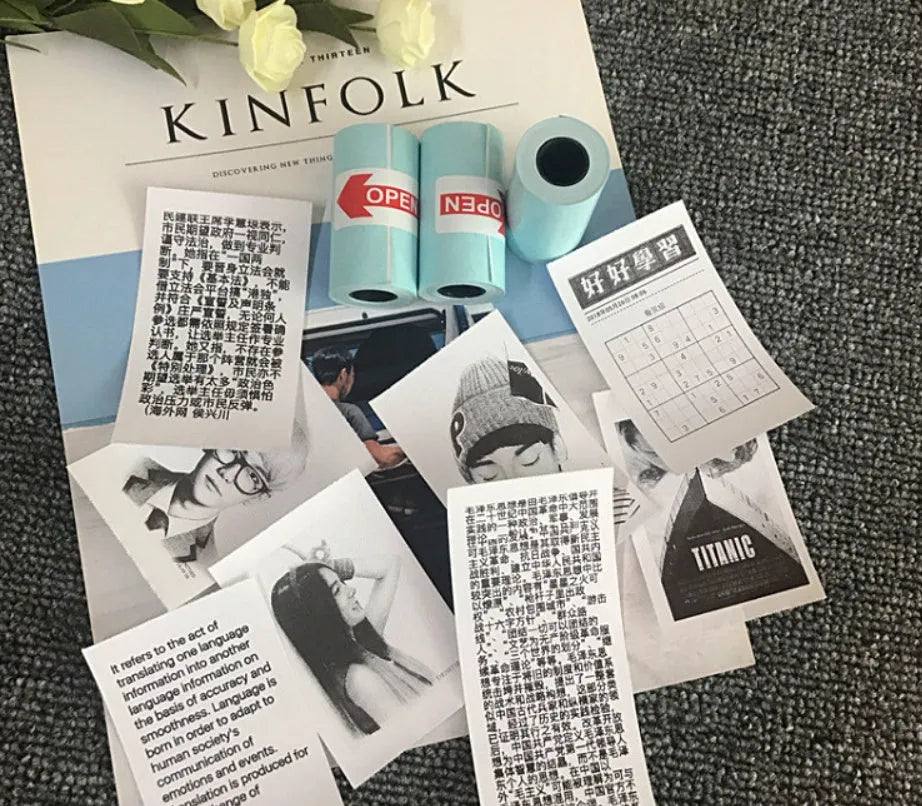 PerPage Mini wireless portable thermal printer paper rolls in regular, sticker and label styles, multiple colours