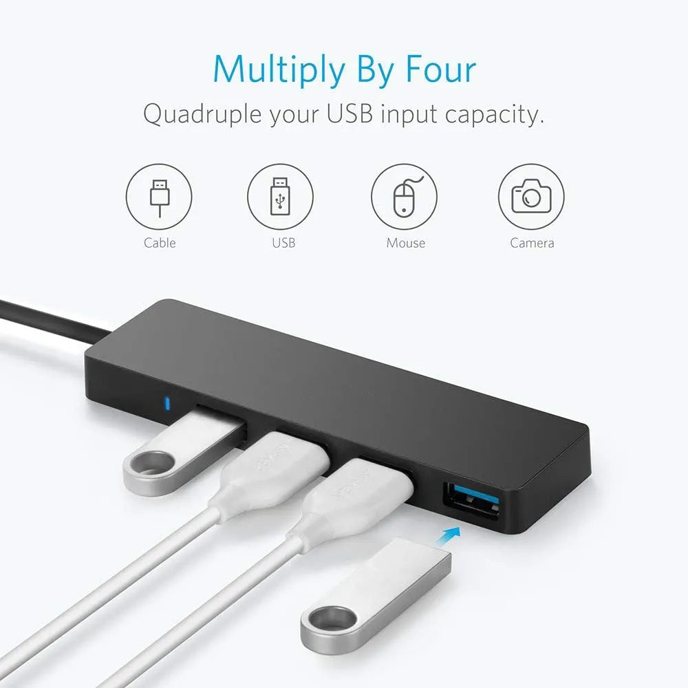Black USB 3.0 hub with 4 ports, a 30cm cable, and LED activity indicators.