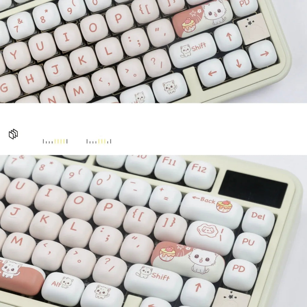 Round mechanical keyboard key cap set with colourful dessert cat cartoon design.