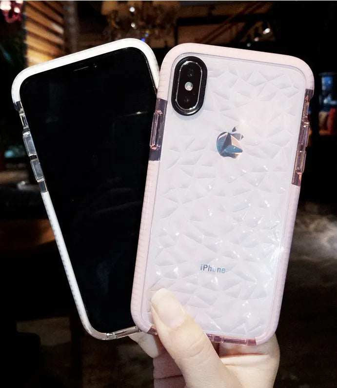 TPU iPhone case with striped back design in three colour options: black, pink with white edge, white with black border