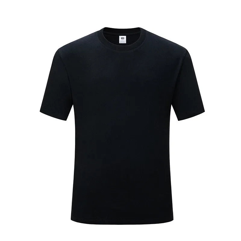 Men's solid black loose-fit pure cotton round neck T-shirt on a hanger.