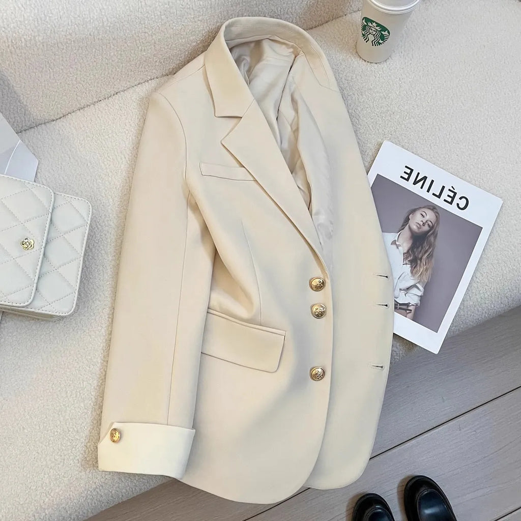 Korean-style women's polyester coat in milky white with medium length, loose fit, long sleeves and pockets