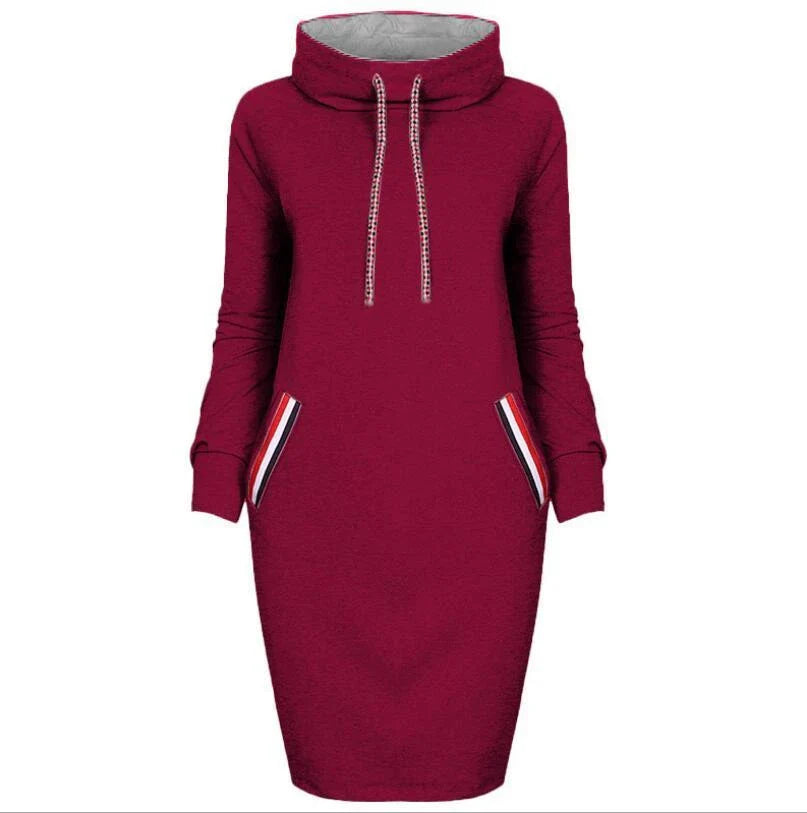 Elegant long sleeve midi dress in various colors and sizes, featuring a high collar and flattering silhouette