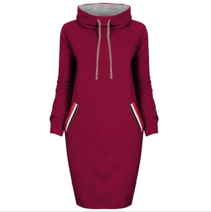 Elegant long sleeve midi dress in various colors and sizes, featuring a high collar and flattering silhouette