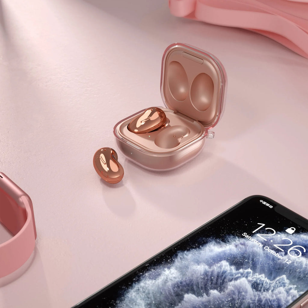Bluetooth transparent ear case with clamshell design showing translucent colour options