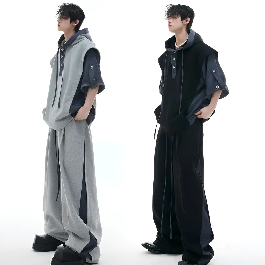 Men's heavy industry sports leisure suit with hooded short sleeve sweater and trousers in polyester fabric
