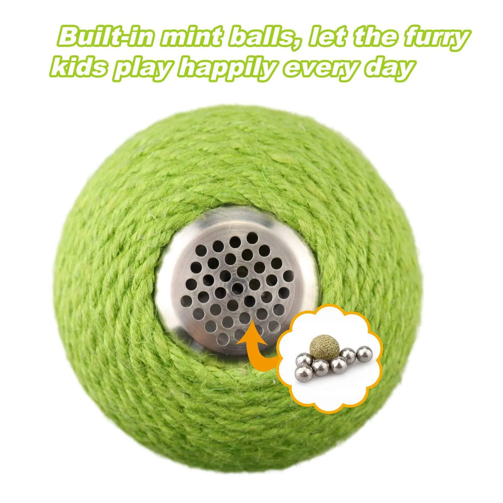 Green cactus-shaped cat scratcher with sisal scratching surfaces and attached tumbler balls containing catnip toys