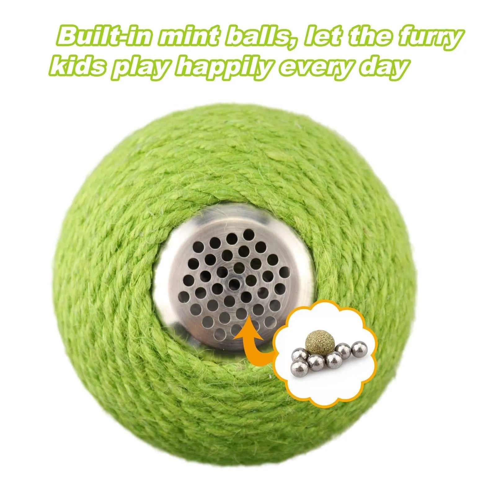 Green cactus-shaped cat scratcher with sisal scratching surfaces and attached tumbler balls containing catnip toys