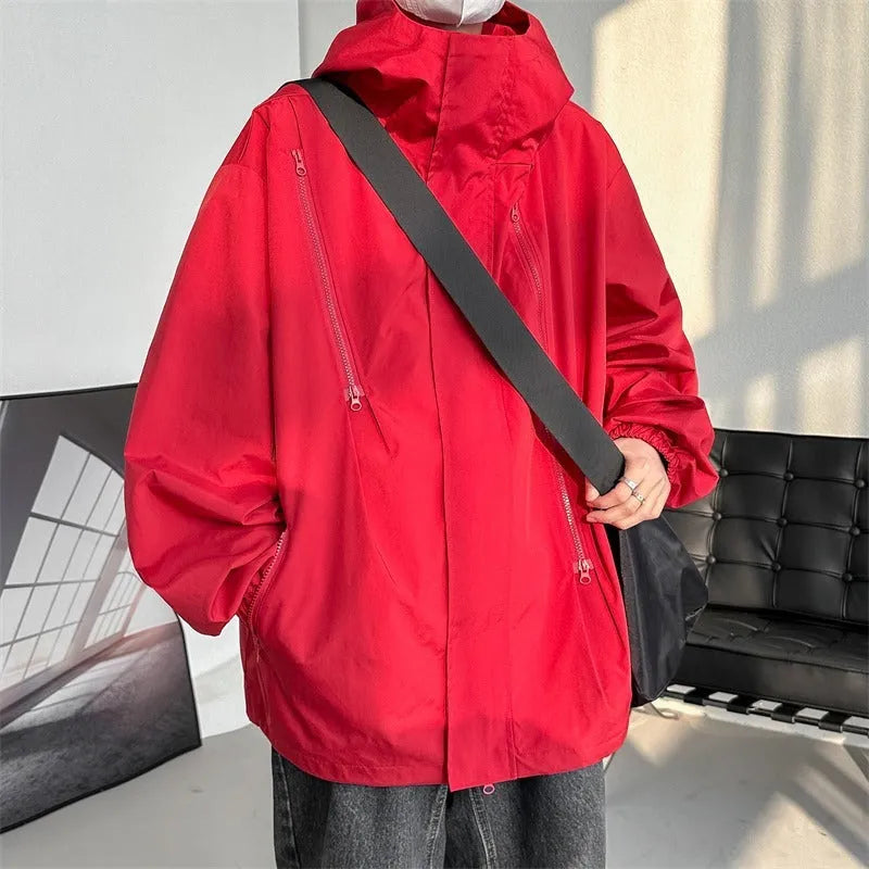 Men's autumn waterproof windproof shell jacket in solid colour with long sleeves and side pockets