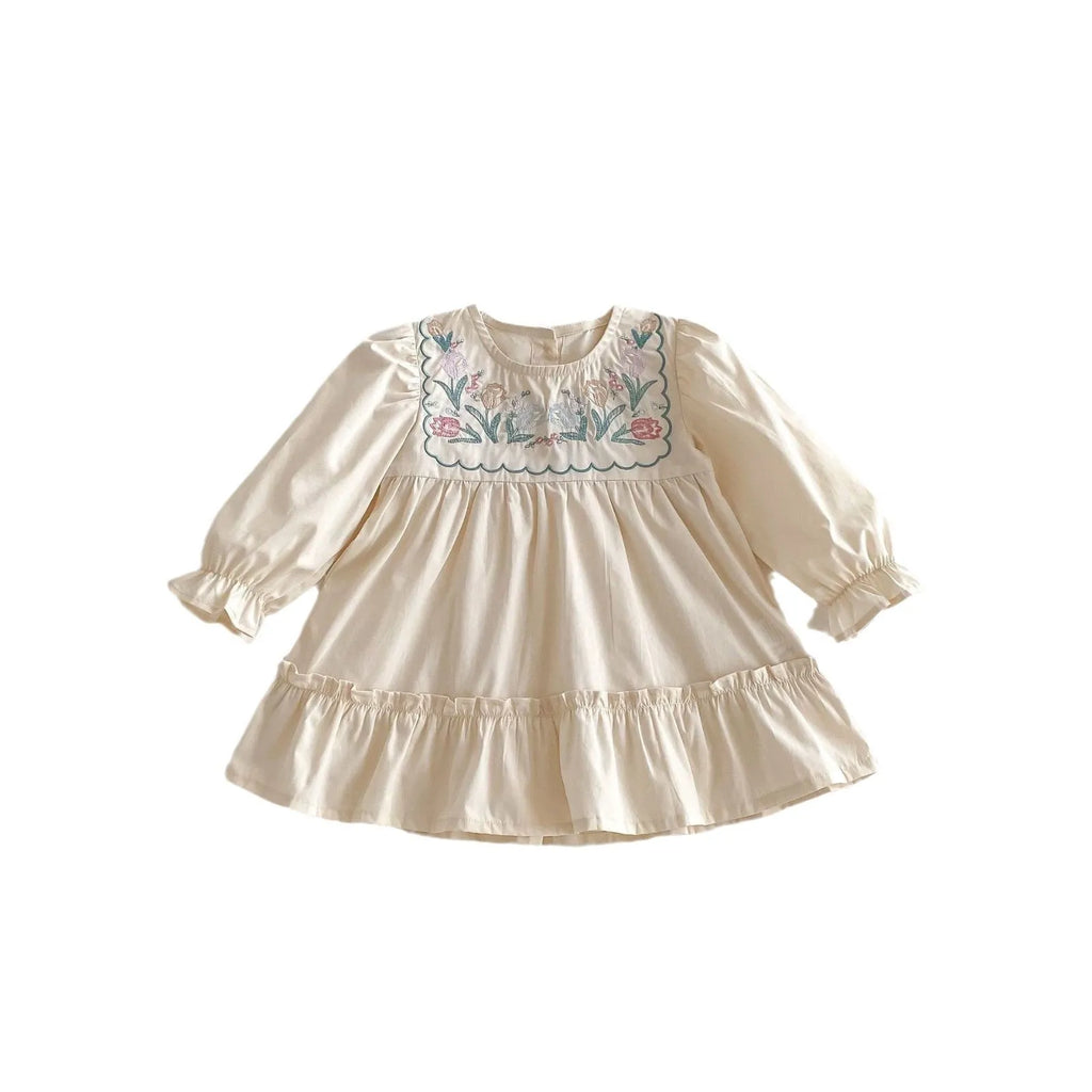 Girls' apricot long sleeve dress with ruffle sleeves, flower embroidery and princess skirt, sizes 80cm to 130cm