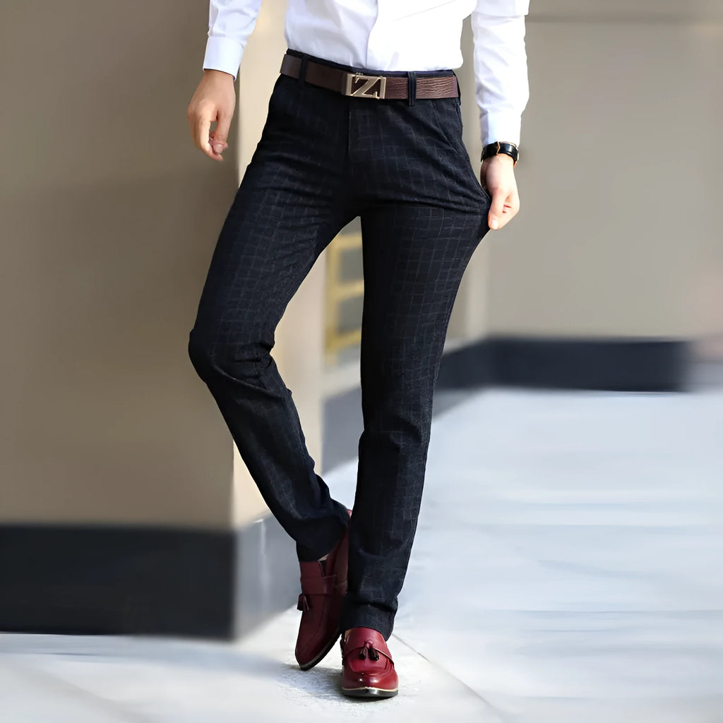 Men's plaid cotton and linen straight trousers in Black or Blue, Asian sizes 28 to 38, straight-leg cut.