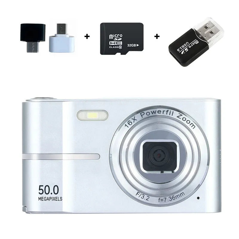 Compact student mini digital camera in black, green, pink, or white with lanyard.