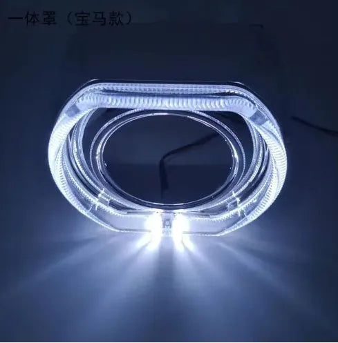 Angel eye LED halo light ring with integrated polymer plastic cover, shown in blue light, for vehicle headlight upgrade.