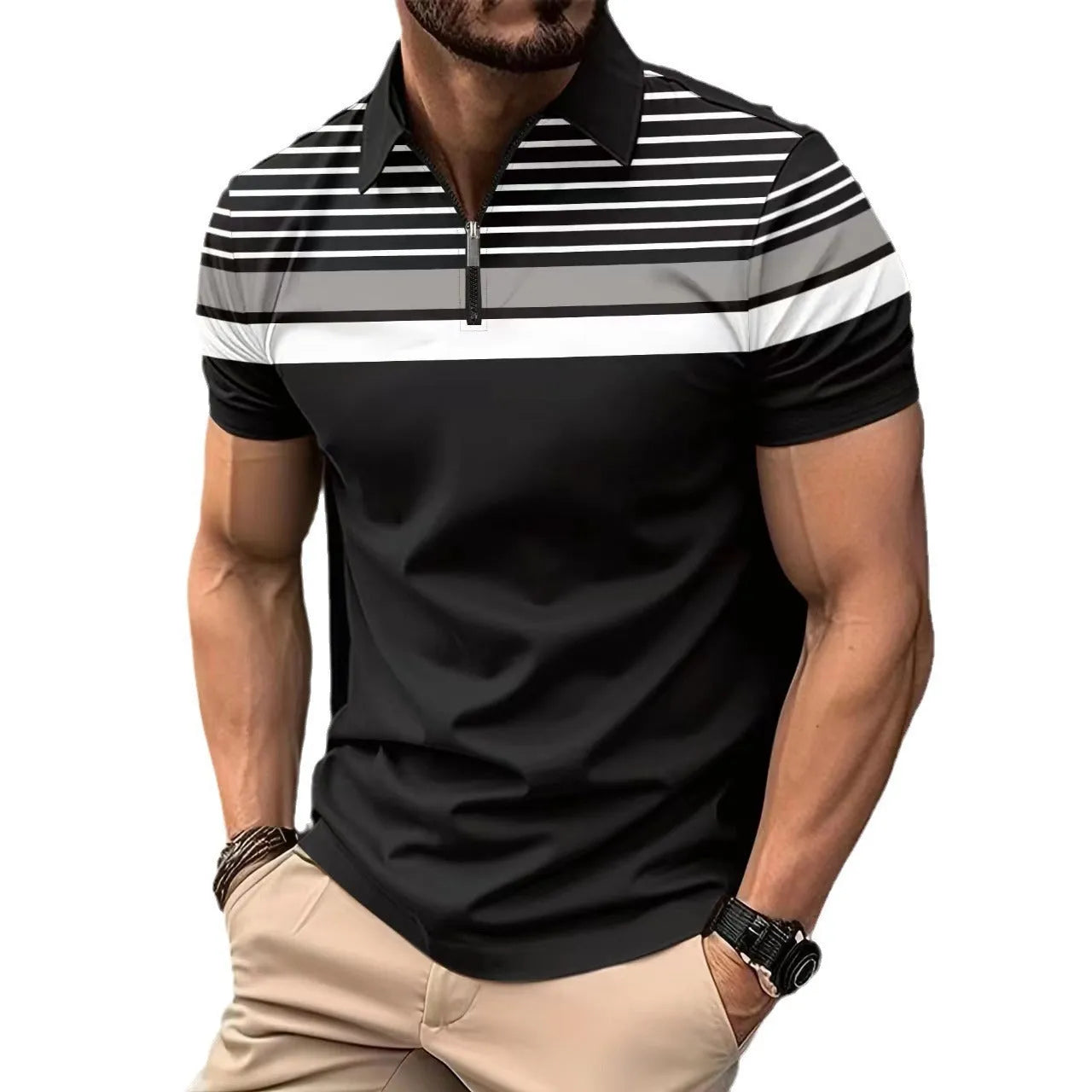 Men's black striped short sleeve T-shirt with loose fit, polyester fabric, front view