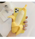 Yellow banana silicone iPhone case with unzip design showing seven protection features