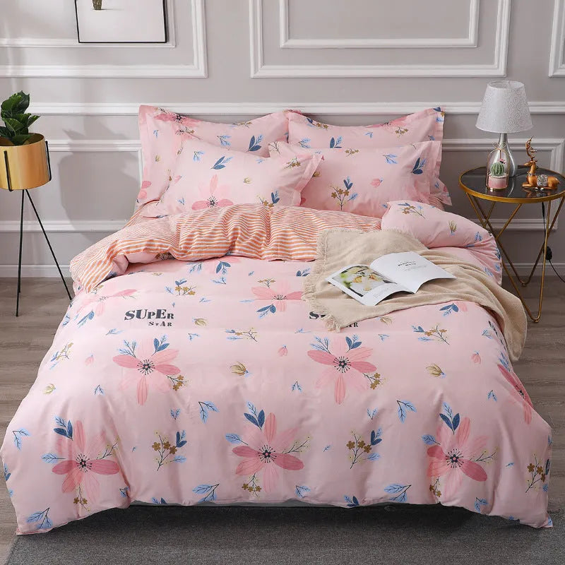 Cotton four-piece bedding set in multiple sizes with quilt cover, fitted sheet, and pillowcases