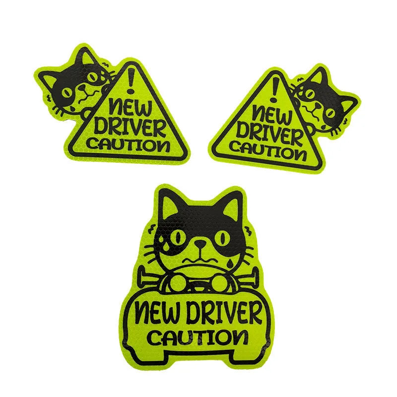 Set of three magnetic reflective stickers with cat, panda, and duck designs for waterproof safety use.