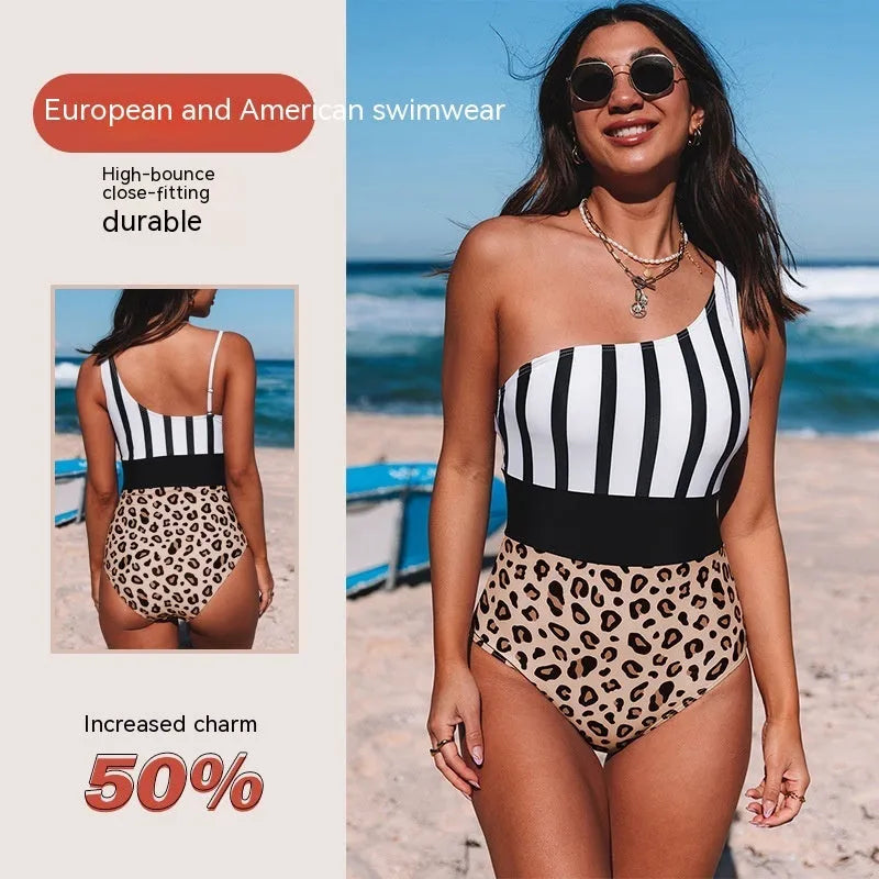 Women's leopard print high waist one-piece swimsuit with asymmetric collar, shown sleeveless.