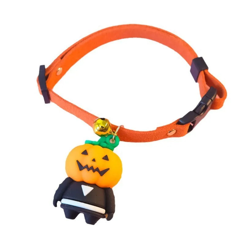 Halloween dog collar with luminous design, shown in adjustable sizes for small to large dogs.