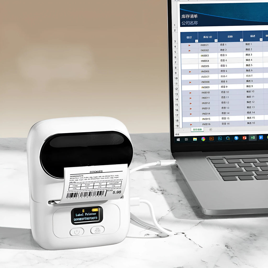 Handheld Bluetooth bar code printer in white with 2 inch ink wheel and USB port