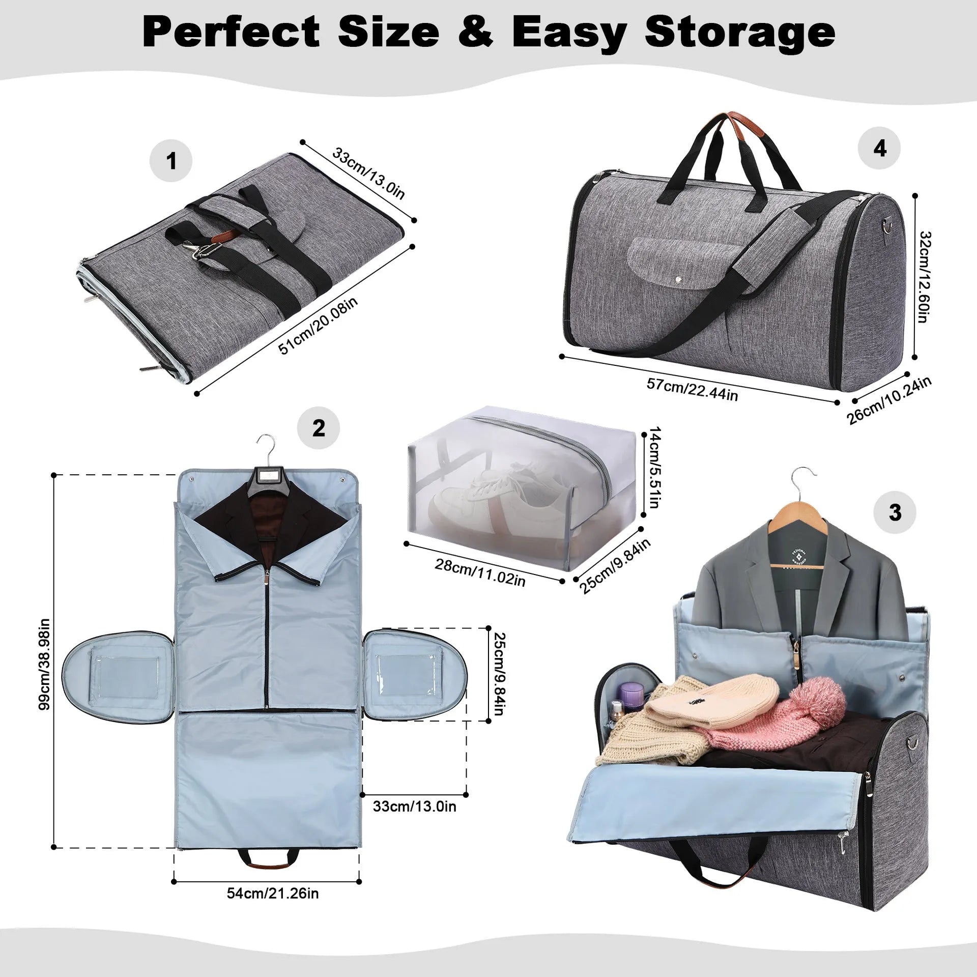 Dark blue folding duffel bag made from Oxford cloth with carry handles, showing its size and style.