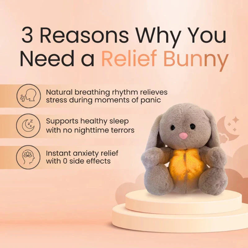 A soft, plush bunny toy with a rhythmic breathing motion and calming lights designed to soothe and comfort newborns and infants.