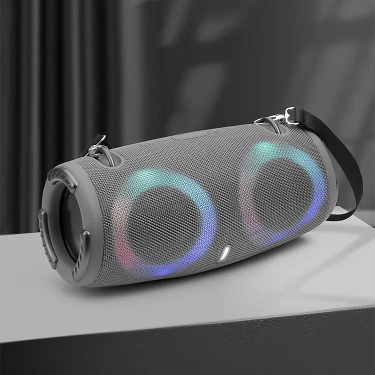 War Drum Bluetooth speaker with RGB coloured lights in black colour with carrying strap
