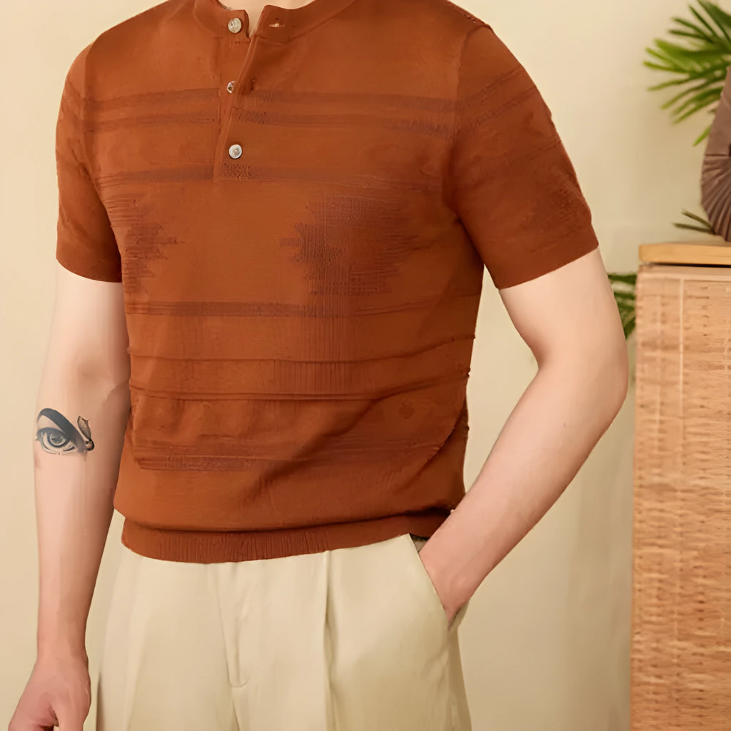 Knitted Henley shirt American retro slim-fit short sleeve in denim blue, cotton Lyocell blend
