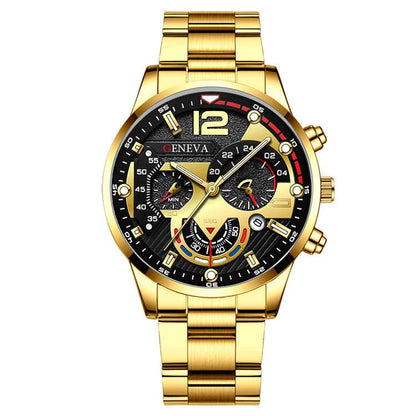 Stylish men's fashion watch and bracelet set with stainless steel case and leather strap, perfect for Valentine's Day gift