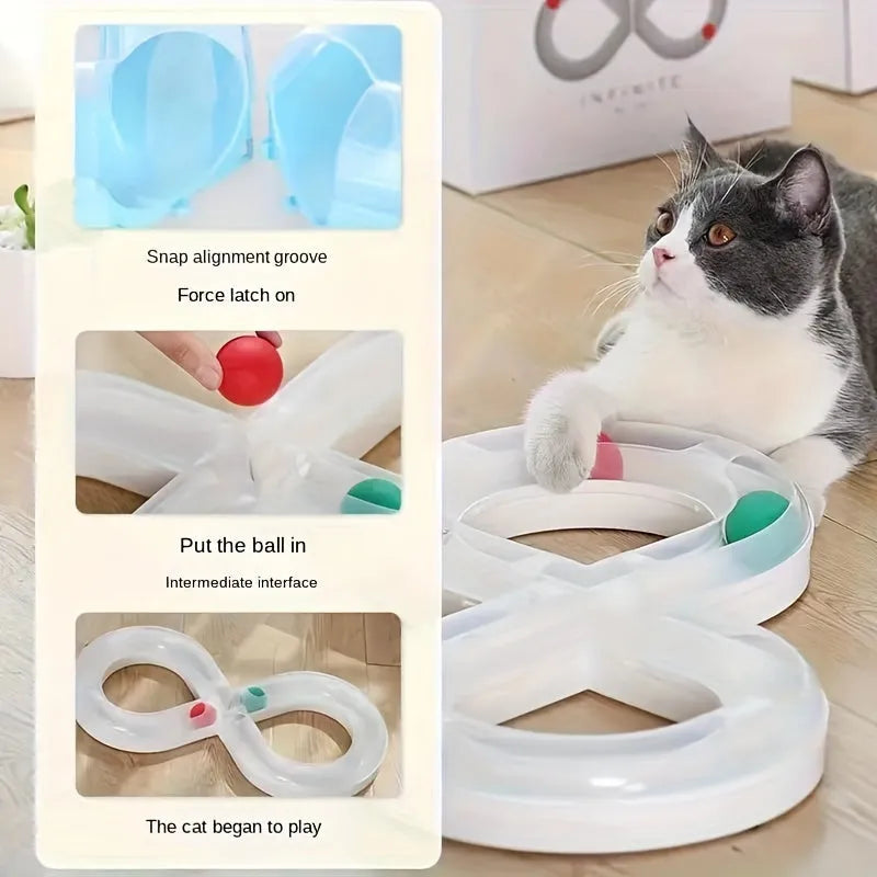 Blue and white cat turntable toy with track ball and teasing stick for indoor feline entertainment