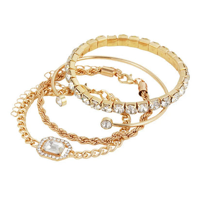 4-piece crystal bracelet set with bohemian-inspired design, featuring adjustable nickel-free alloy construction and sparkling rhinestones