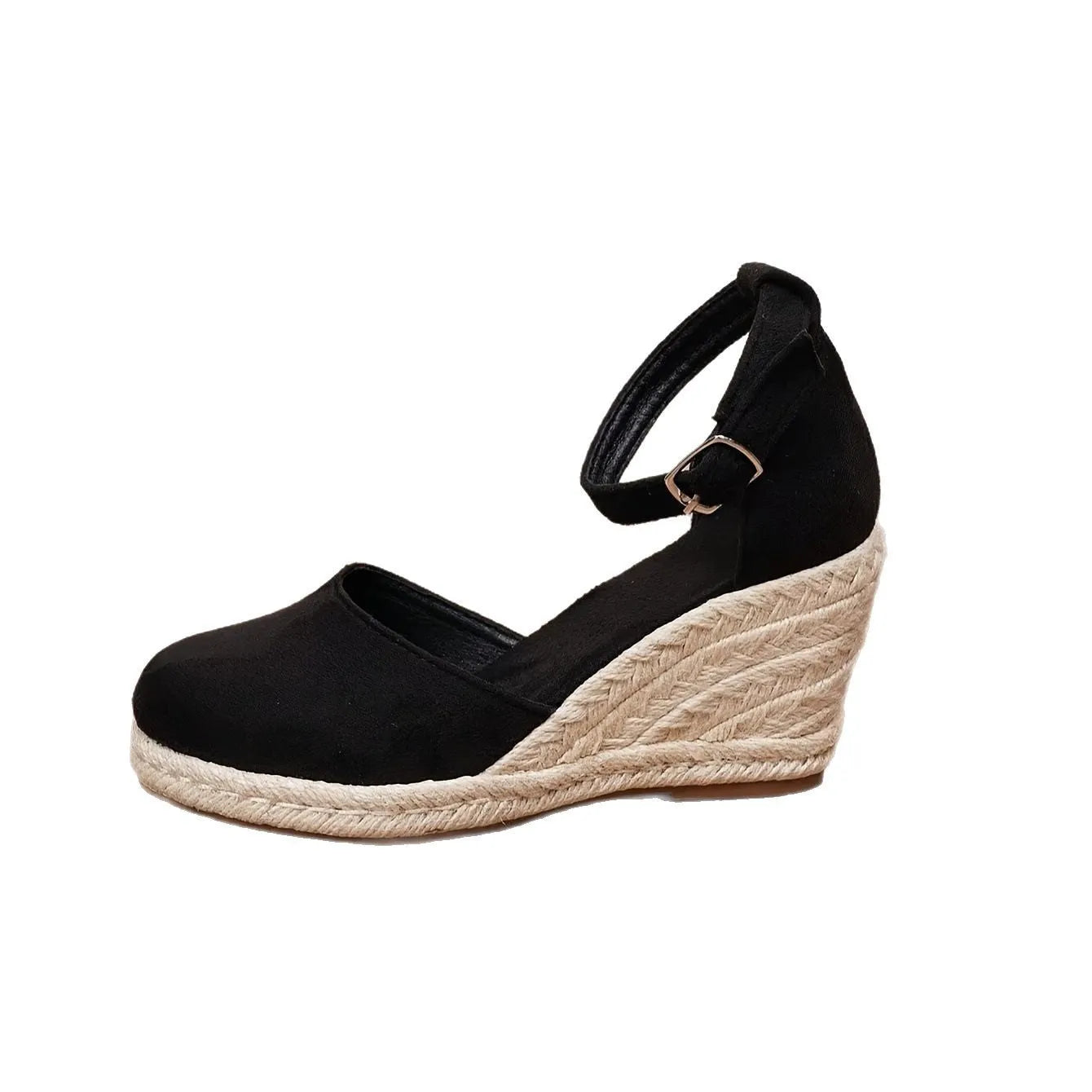 Women's apricot and black wedge sandals with suede upper and Roman buckle fastening