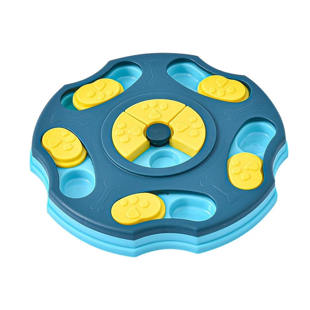 Blue dog puzzle food feeder toy with interactive compartments for slow feeding and mental stimulation