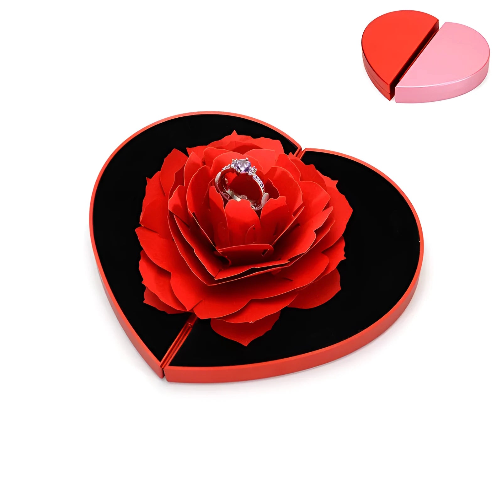 Red heart-shaped rotating ring box with 3D love design and rose decoration for jewellery packaging