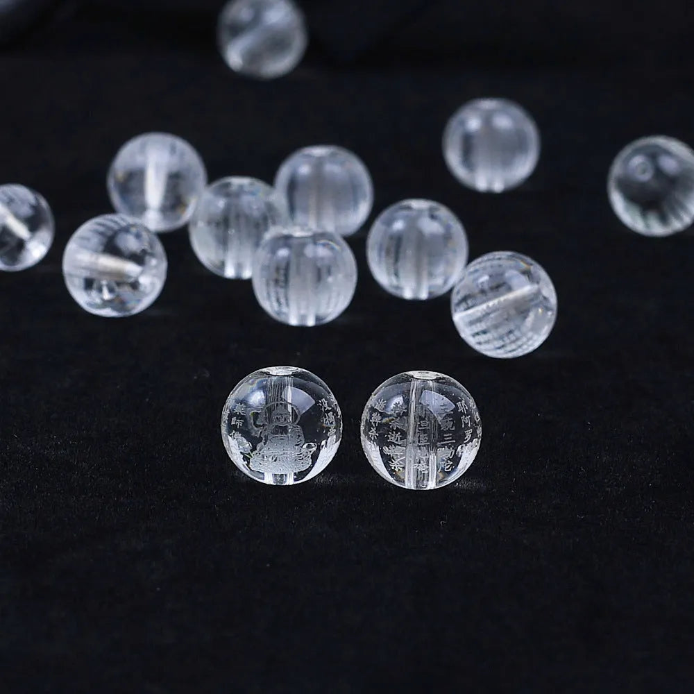 10mm clear glass prayer beads engraved with Buddhist mantras for meditation