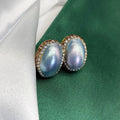 Geometric oval mabe shell earrings with rhinestone inlay in black colour option retro maple finish