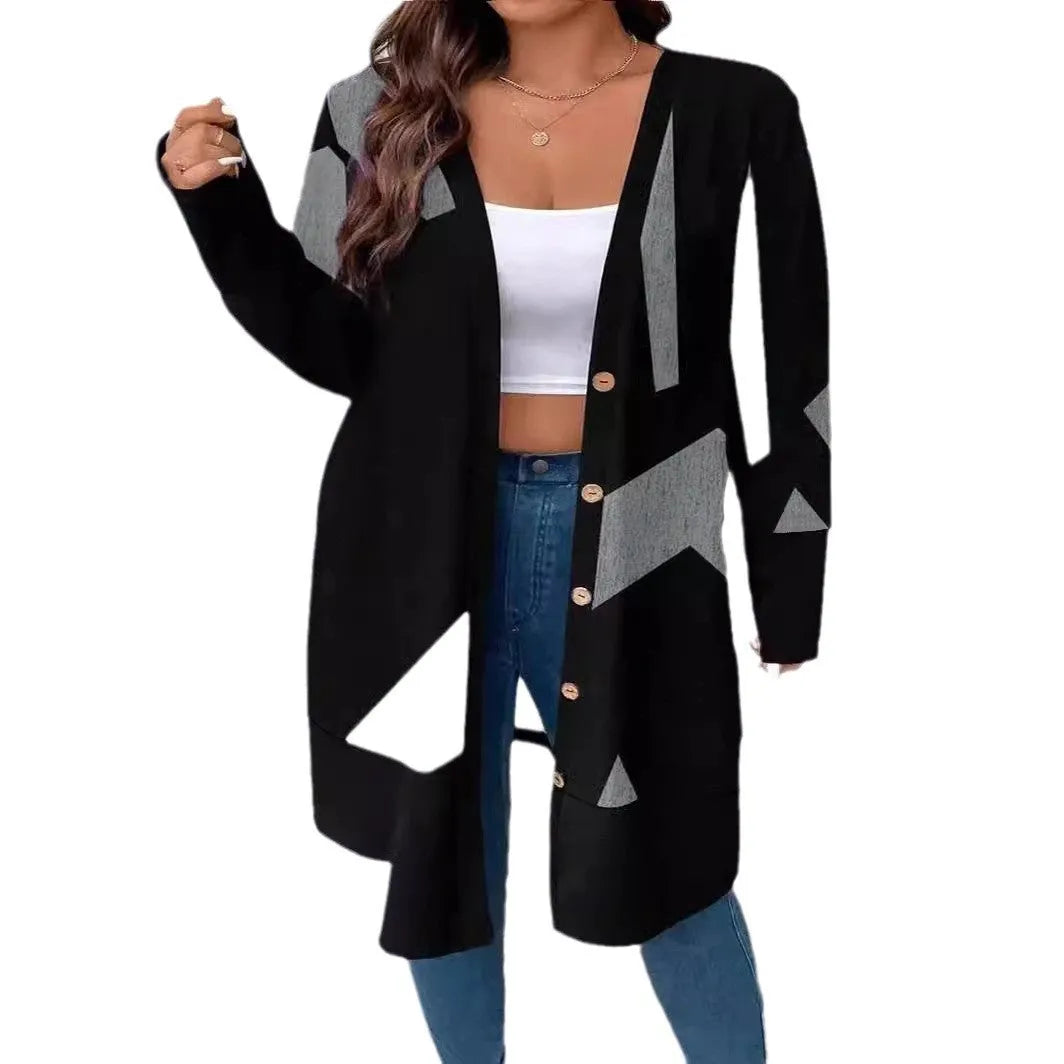 Black plus size casual coat cardigan with button stitching and print design, loose fit with regular sleeves