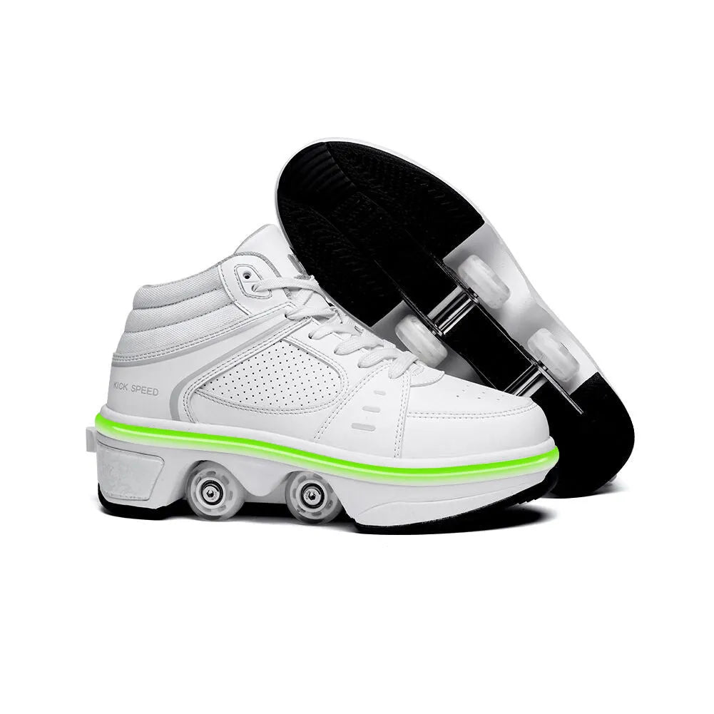 Double row roller skates with ABS wheels, shown in black or white, sizes EUR33 to EUR42