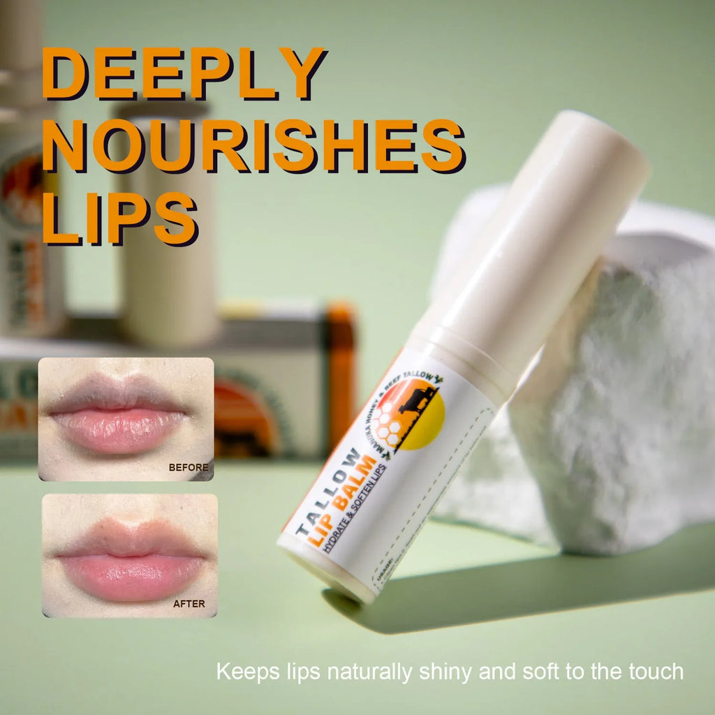 A 5g tallow lip balm stick in a silver tin case measuring 83mm long.