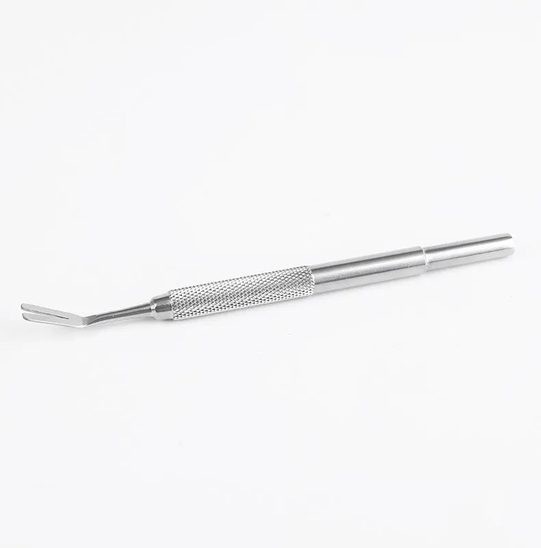 Close-up of silver stainless steel tick removal tweezers with fine pointed tip.