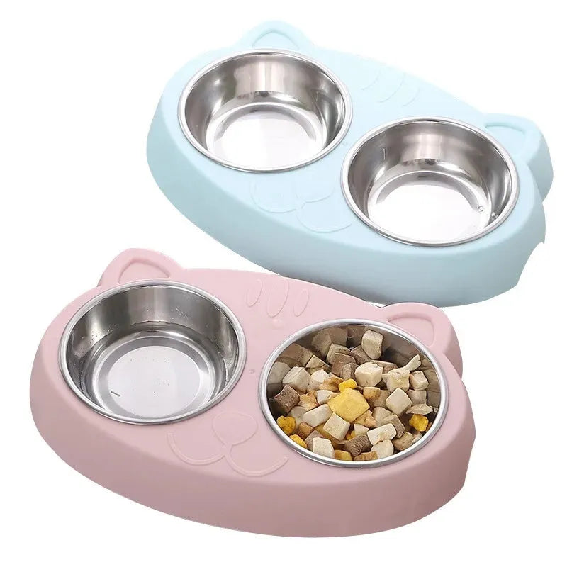 Blue plastic pet feeder tray with two bowls for cat or dog food and water