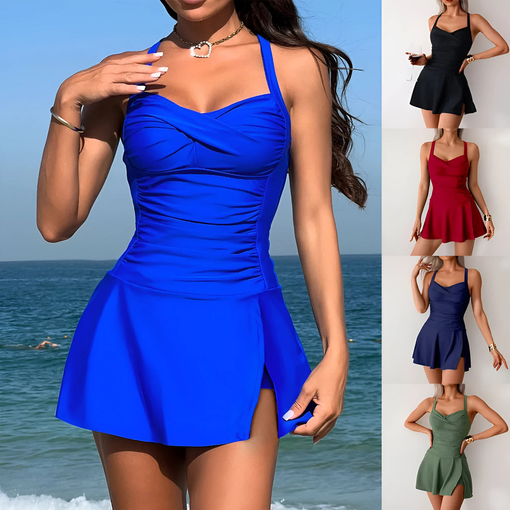 Plus size split swimsuit with skirt style, sleeveless nylon, available in five colours and sizes S to 2XL.