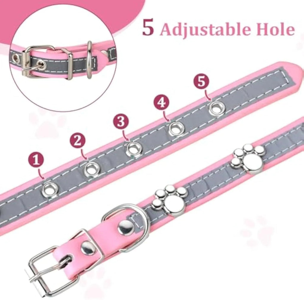 Reflective adjustable PU leather dog collar with metal paw rivet on a grey background.