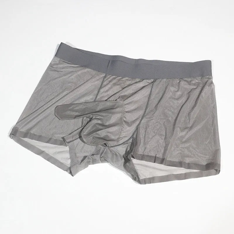 Men's transparent nude feel ice silk stockings in plus sizes on a grey background.