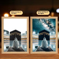 Modern rectangular handmade picture frame with illuminated spiritual artwork, showing USB cable.