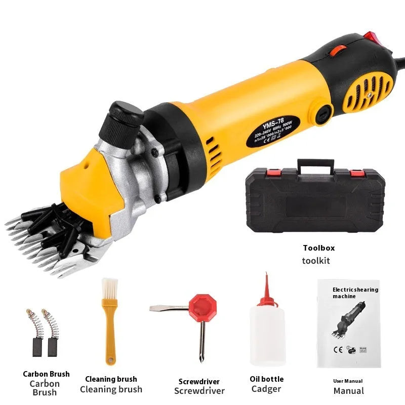 Yellow electric wool shearing clippers with 110V cable, multiple blade sets, and tools in a plastic storage box.