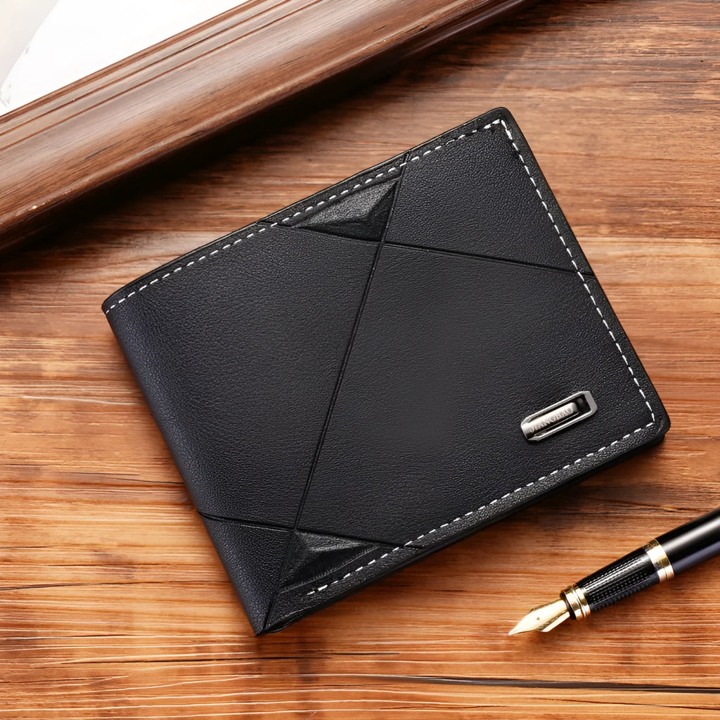 Men's black three-fold PU leather wallet open to show multiple short card slots.
