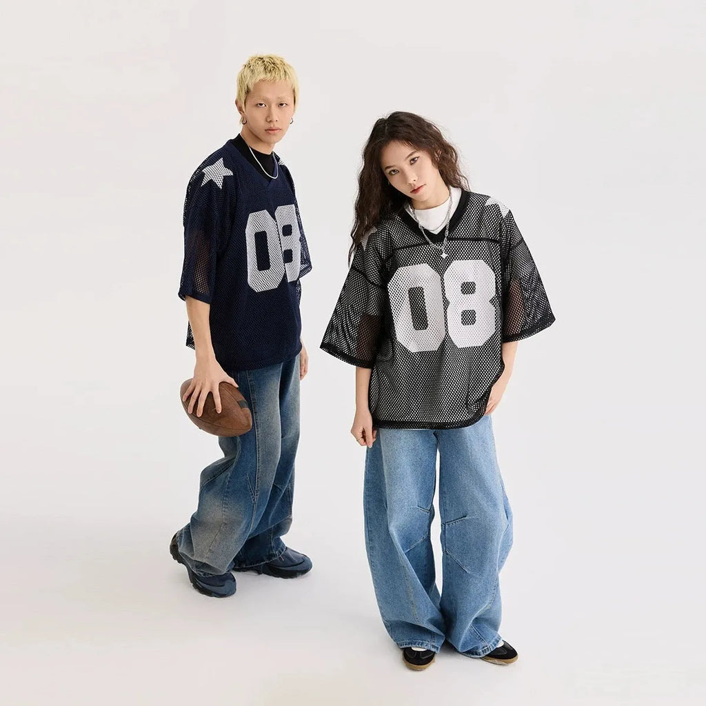 Black and navy blue half sleeve pullover shirt with loose fit and letter pattern design